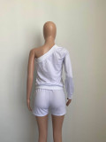 Solid One Shoulder Long Sleeve 2 Piece Short Sets FSL-F157