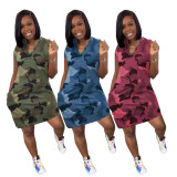 Plus Size Camo Print V Neck Sleeveless Mini Dress JRF-3620