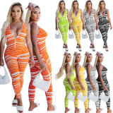 Plus Size Striped V Neck Zipper Sleeveless Jumpsuit YIM-188