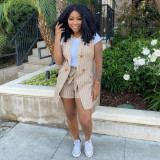 Plus Size Striped Blazer Vest+Shorts OL 2 Piece Suits YIM-192