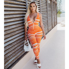 Plus Size Striped V Neck Zipper Sleeveless Jumpsuit YIM-188