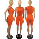 Sexy One Shoulder Tank Top+Mesh Patchwork Romper 2 Piece Sets FOSF-8078