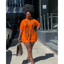 Plus Size Letter Print Short Sleeve Mini Dress FOSF-8079