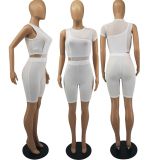 Sexy One Shoulder Tank Top+Mesh Patchwork Romper 2 Piece Sets FOSF-8078