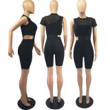 Sexy One Shoulder Tank Top+Mesh Patchwork Romper 2 Piece Sets FOSF-8078