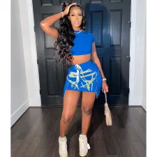Casual Short Sleeve Crop Top Mini Skirt 2 Piece Sets WSM-5234