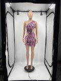 Sexy Printed One Shoulder Sleeveless Hole Club Dress DDF-8101