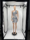 Sexy Printed One Shoulder Sleeveless Hole Club Dress DDF-8101
