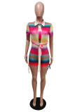 Casual Printed Short Sleeve Sashes Rompers MEM-8358