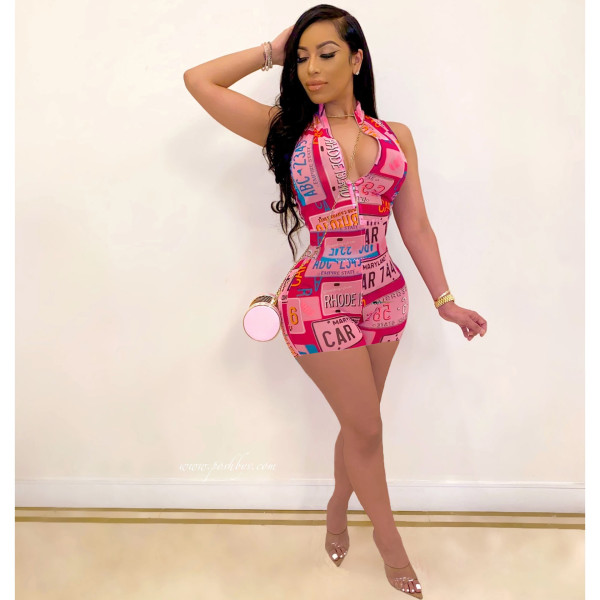 Letter Print Sleeveless Zipper Romper LM-8245