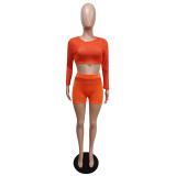 Solid Long Sleeve Breathable 2 Piece Shorts Set MEM-8360