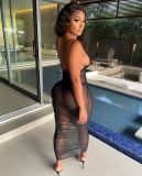 Black Mesh See Through Ruched Long Club Dress With Underpants BDF-8073