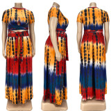 Plus Size Printed Short Sleeve Big Swing Long Skirt 2 Piece Sets LDS-3276