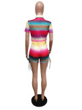 Casual Printed Short Sleeve Sashes Rompers MEM-8358
