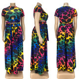 Plus Size Printed Short Sleeve Big Swing Long Skirt 2 Piece Sets LDS-3276