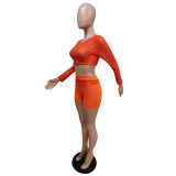 Solid Long Sleeve Breathable 2 Piece Shorts Set MEM-8360