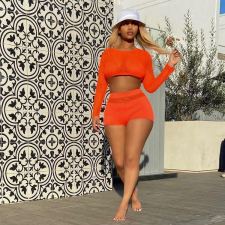 Solid Long Sleeve Breathable 2 Piece Shorts Set MEM-8360
