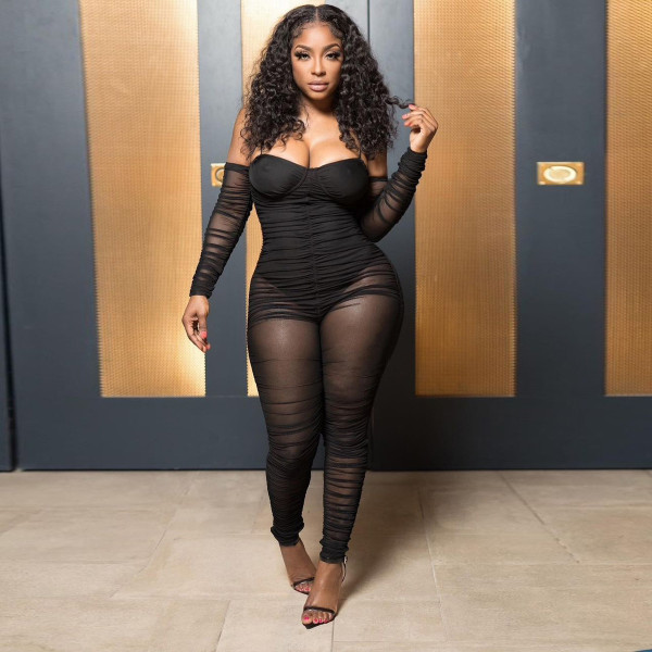 Plus Size Sexy Mesh See Through Long Sleeve Strap Jumpsuit YNSF-1656