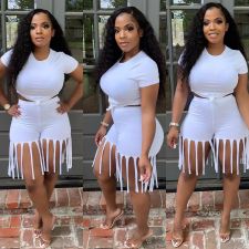 Casual Solid T Shirt Tassel Shorts 2 Piece Sets SH-390115