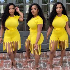 Casual Solid T Shirt Tassel Shorts 2 Piece Sets SH-390115
