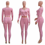 Casual Solid Long Sleeve Zipper 2 Piece Pants Set SH-3880