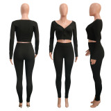 Casual Solid Long Sleeve Zipper 2 Piece Pants Set SH-3880