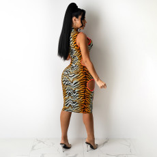 Sexy Leopard Sleeveless Hollow Out Midi Dress SH-390108