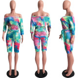 Plus Size Tie Dye Slash Neck Sashes Romper SH-3593
