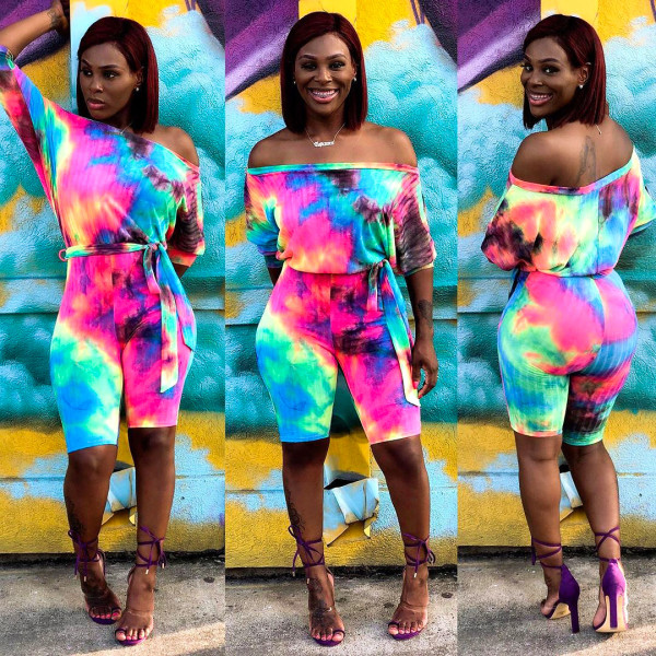 Plus Size Tie Dye Slash Neck Sashes Romper SH-3593