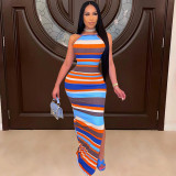 Colorful Striped Ribbed Backless Split Maxi Dress GLF-8094