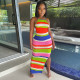 Colorful Striped Ribbed Backless Split Maxi Dress GLF-8094