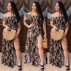 Sexy Printed Slash Neck Split Maxi Dress GLF-7040