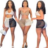 Sexy Grid Hollow Out Breathable 2 Piece Shorts Set MEM-8357