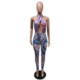 Sexy Printed Halter Backless Hollow Jumpsuit MEM-8363