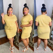 Plus Size Casual Striped Short Sleeve Drawstring Dress LDS-3279