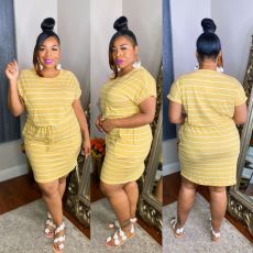 Plus Size Casual Striped Short Sleeve Drawstring Dress LDS-3279