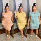 Plus Size Casual Striped Short Sleeve Drawstring Dress LDS-3279