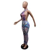 Sexy Printed Halter Backless Hollow Jumpsuit MEM-8363