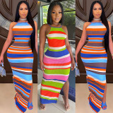 Colorful Striped Ribbed Backless Split Maxi Dress GLF-8094