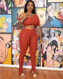 Solid One Shoulder Split Pants Two Piece Sets WY-6734
