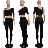 Solid One Shoulder Split Pants Two Piece Sets WY-6734