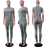 Solid Short Sleeve Stacked Pants Two Piece Sets WY-6762