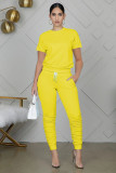 Solid Short Sleeve Stacked Pants Two Piece Sets WY-6762