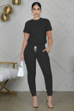 Solid Short Sleeve Stacked Pants Two Piece Sets WY-6762