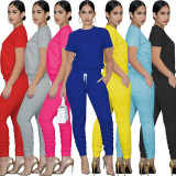 Solid Short Sleeve Stacked Pants Two Piece Sets WY-6762