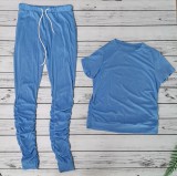 Solid Short Sleeve Stacked Pants Two Piece Sets WY-6762