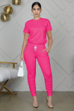 Solid Short Sleeve Stacked Pants Two Piece Sets WY-6762