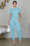 Solid Short Sleeve Stacked Pants Two Piece Sets WY-6762
