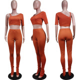 Solid One Shoulder Split Pants Two Piece Sets WY-6734