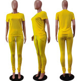 Solid Short Sleeve Stacked Pants Two Piece Sets WY-6762